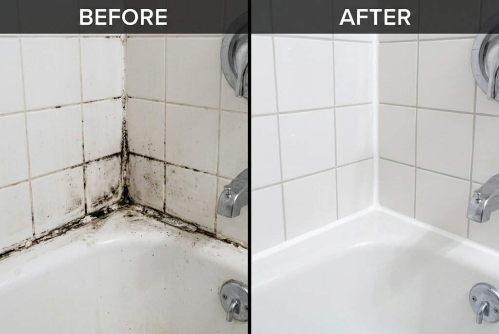 Cleaning black mold from shower caulk lines with homemade bleach paste