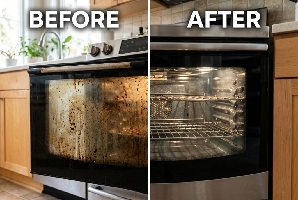 Cleaning greasy oven door glass with baking soda and vinegar paste