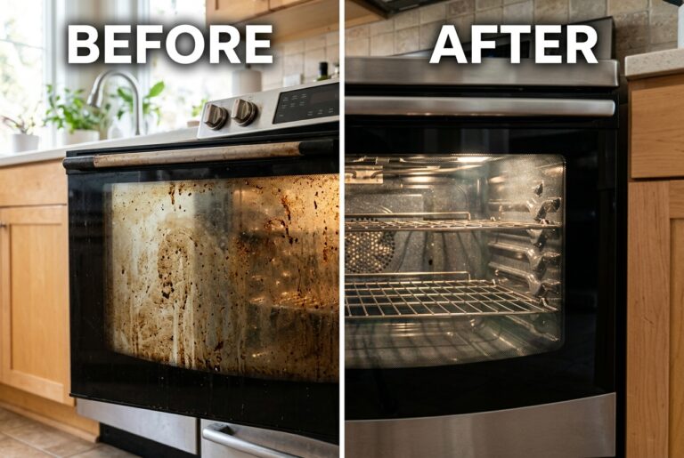 Cleaning greasy oven door glass with baking soda and vinegar paste