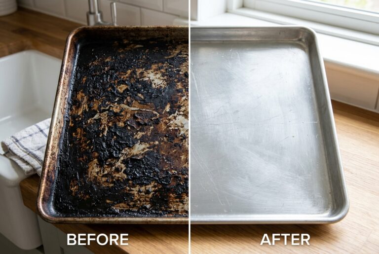 Cleaning a burnt greasy oven tray with natural baking soda paste