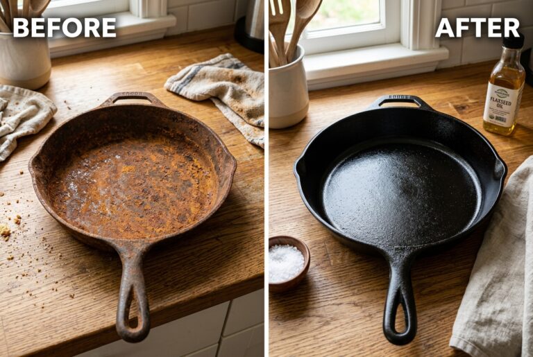 Restoring a rusty cast iron skillet to like-new condition with scrub