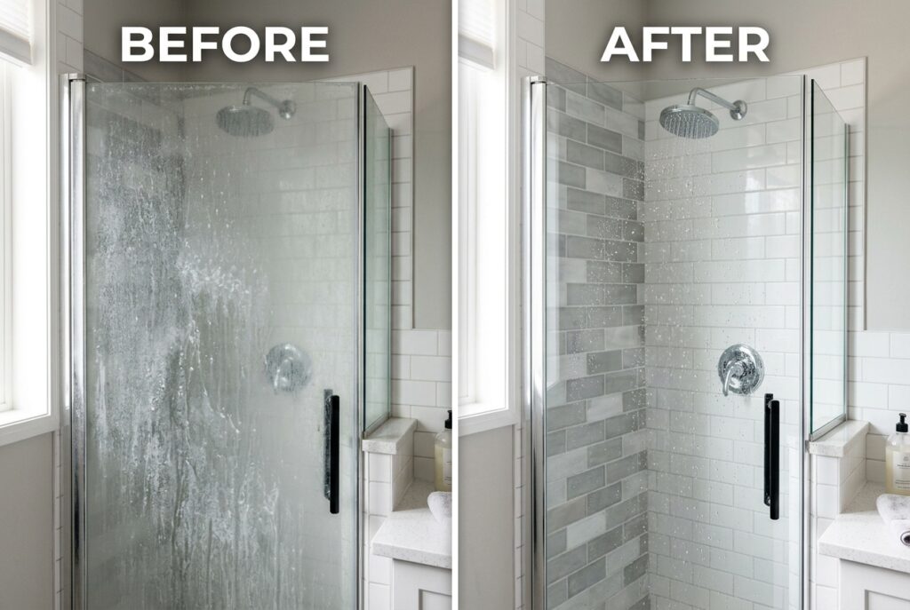 Removing soap scum from shower glass doors using natural cleaning mixture