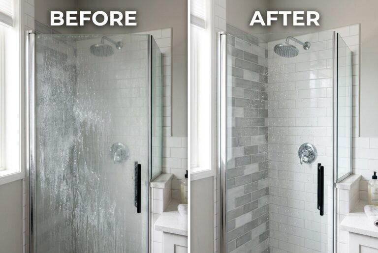 Removing soap scum from shower glass doors using natural cleaning mixture