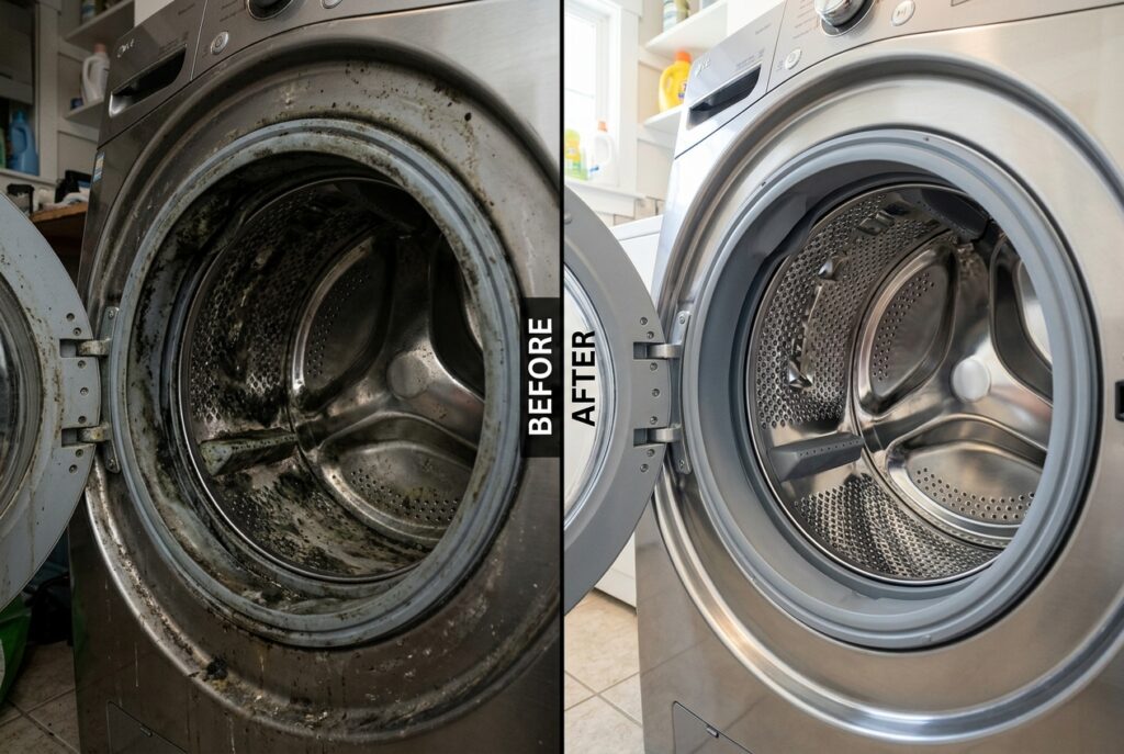 Deodorizing a smelly washing machine naturally with baking soda and vinegar