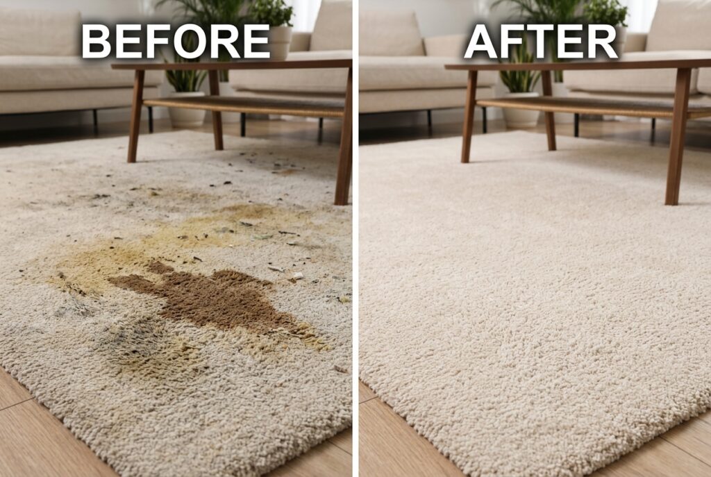 Cleaning carpet stain with natural pet odor and carpet stain eraser