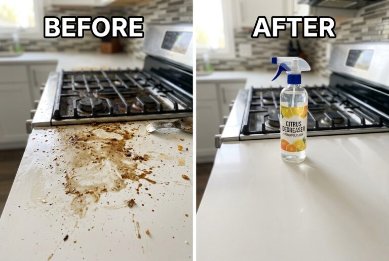 Spraying homemade all-purpose citrus degreaser spray on greasy kitchen countertop