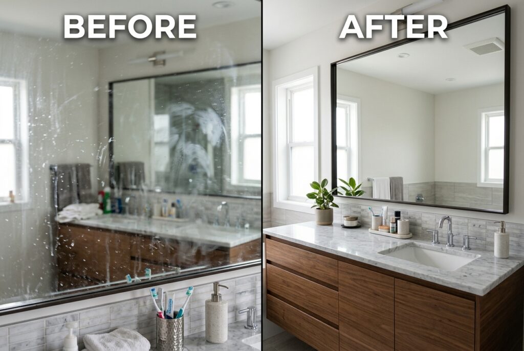Wiping bathroom mirror using DIY streak-free mirror and glass cleaner