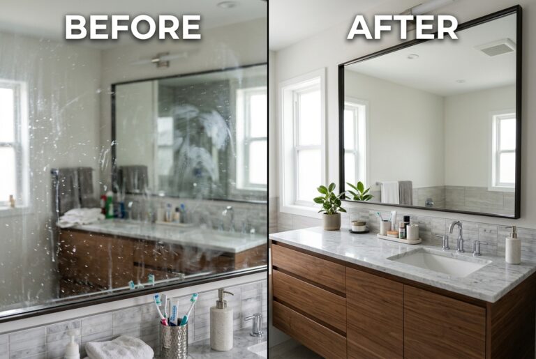 Wiping bathroom mirror using DIY streak-free mirror and glass cleaner