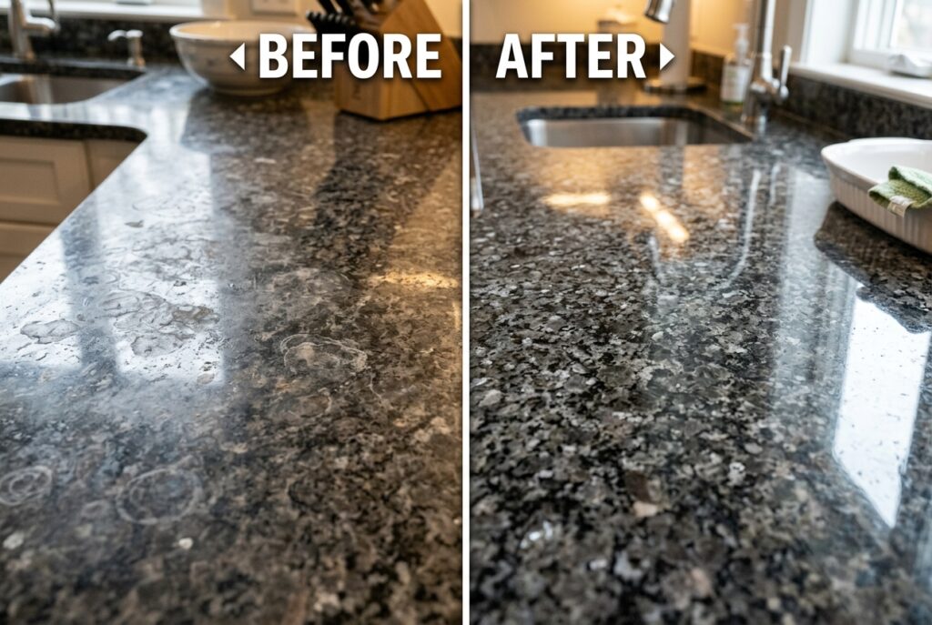 Polishing marble countertop with natural pH-neutral granite and marble polish