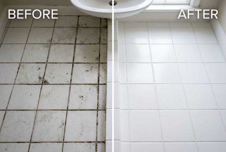 Applying heavy-duty tile and grout whitening scrub paste to bathroom grout