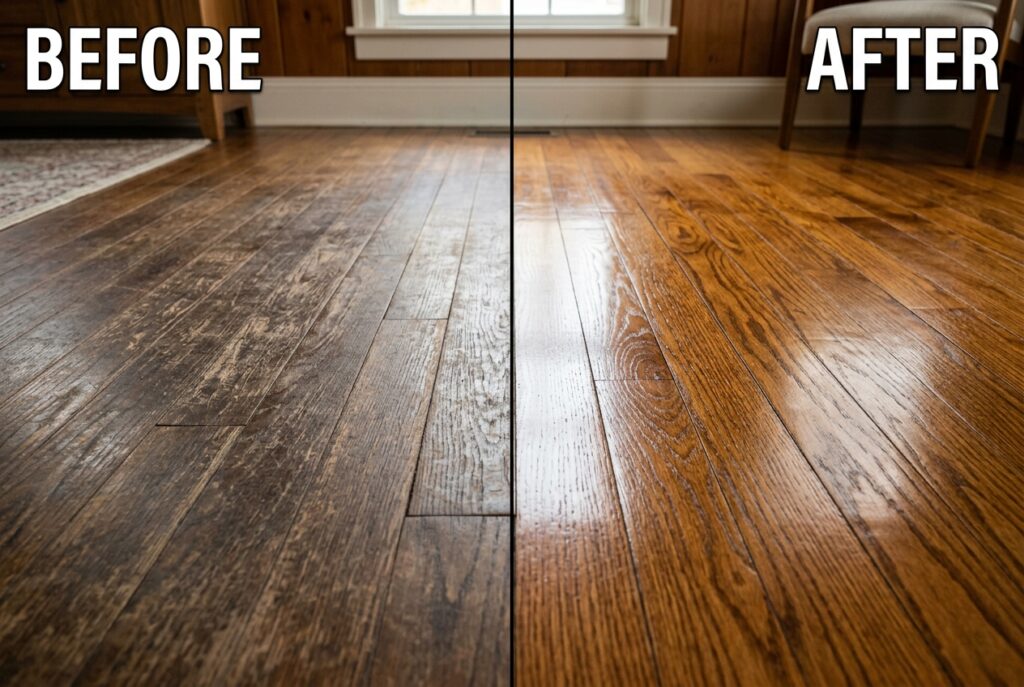 Applying beeswax and olive oil hardwood conditioner balm to wooden floor