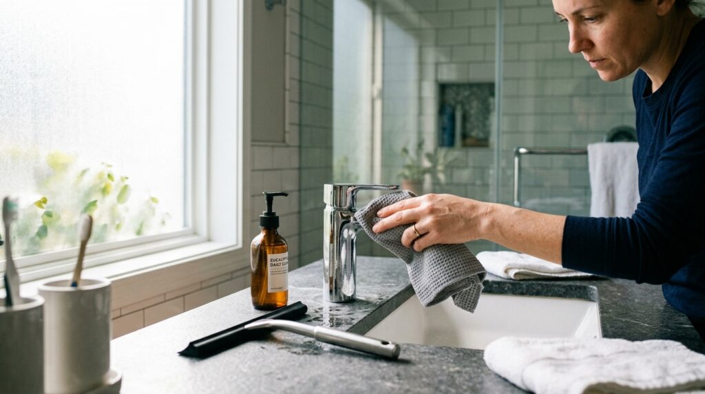 Quick morning bathroom wipe down with waffle weave microfiber towel buffing chrome faucet and squeegee resting on counter