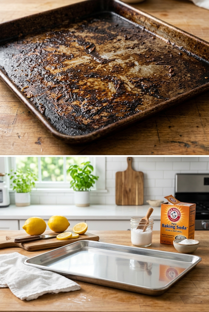 Restoring burnt greasy baking sheets to gleaming metal with non-toxic paste before and after