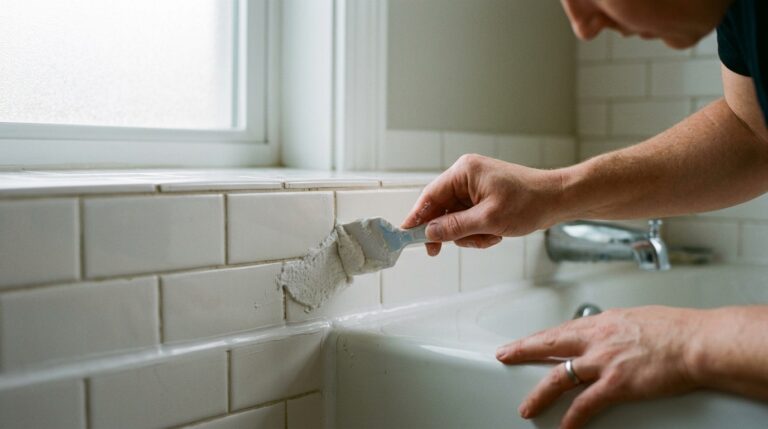 Applying non-toxic baking soda and hydrogen peroxide paste along bathtub silicone caulk