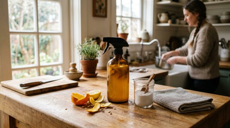Amber glass spray bottle with infused orange peel D-limonene natural kitchen degreaser