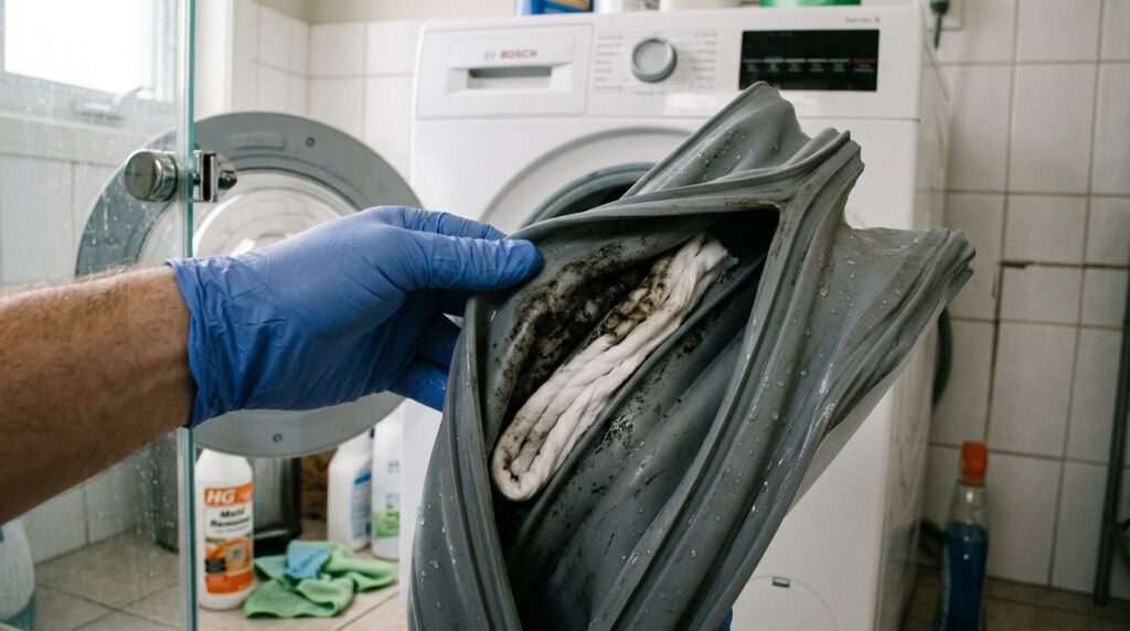 Peeling back grey rubber door bellow of front-loading washing machine showing bleach-soaked cotton coil treating mildew