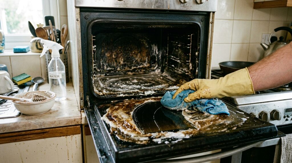 Gloved hand wiping away thick brown dissolved oven grease paste revealing clean black porcelain enamel