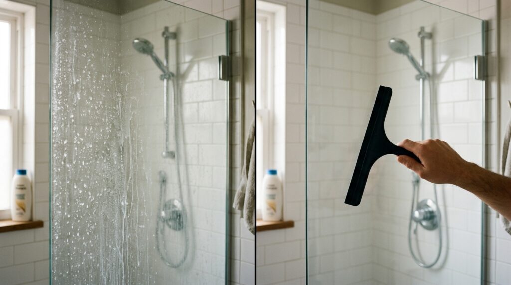 Split glass shower door showing calcified mineral scale spots on left and crystal clean restored glass on right