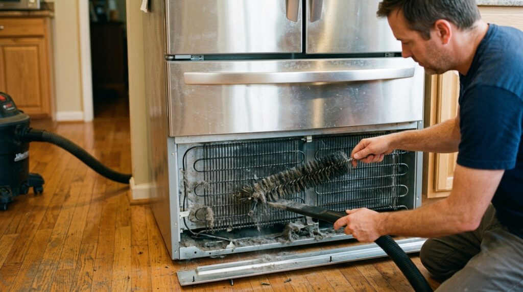 Cleaning refrigerator condenser coils with flexible coil brush and vacuum attachment