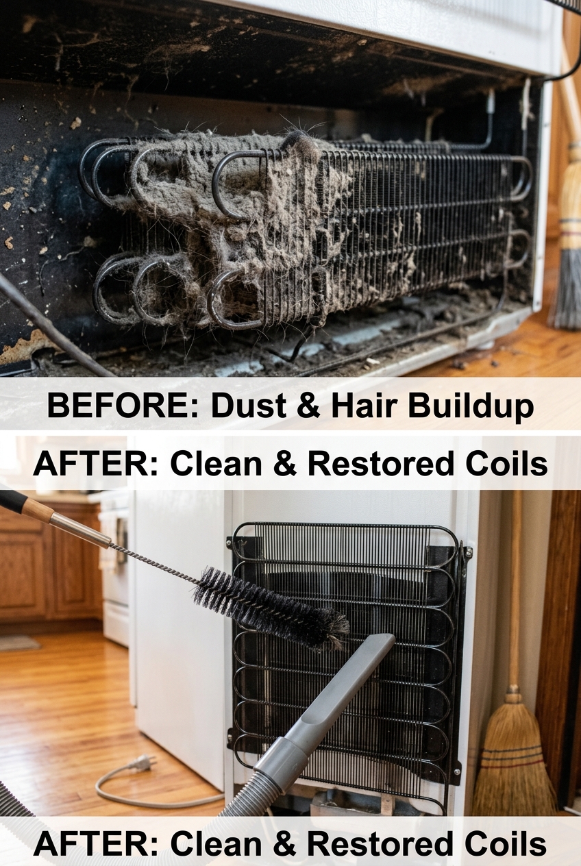 Before and after refrigerator condenser coil cleaning to prevent compressor burnout