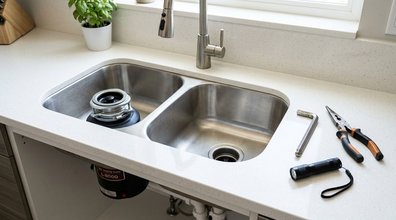 Under sink kitchen garbage disposal unjamming tools with Allen hex wrench