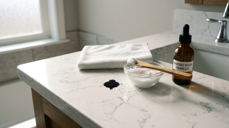Removing permanent hair dye from white quartz countertop with chemical poultice extraction protocol