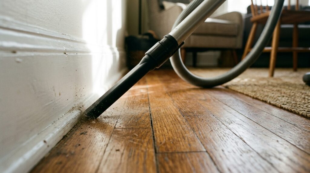 Canister vacuum crevice nozzle edge cleaning dust along white baseboard trim and hardwood floor