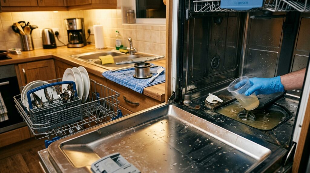 Bailing standing murky water from bottom dishwasher sump basin to inspect white rubber check valve flapper