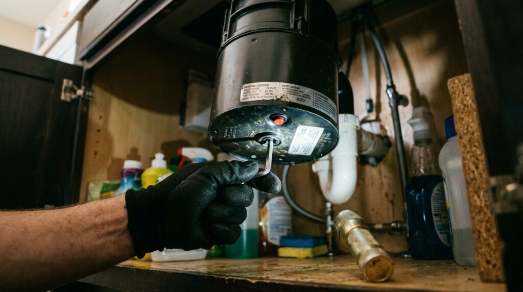Inserting 1/4-inch Allen hex wrench into breaker socket at bottom of under-sink garbage disposal motor to free jammed flywheel