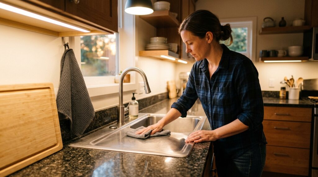 Real residential kitchen in warm evening light with person wiping down clean stainless steel sink and granite counter with dark microfiber cloth