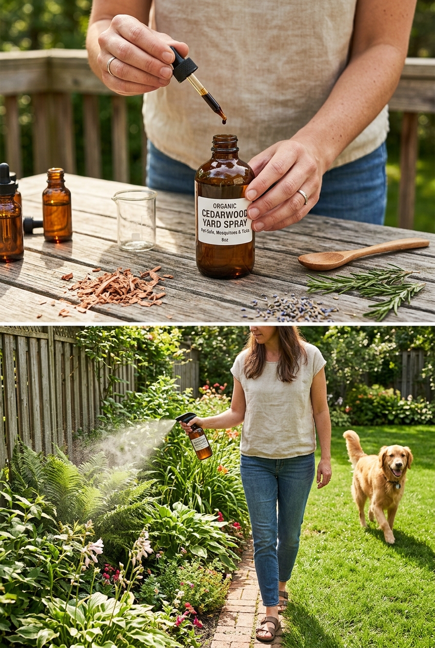 DIY pet safe mosquito and tick yard spray recipe and spraying perimeter guide