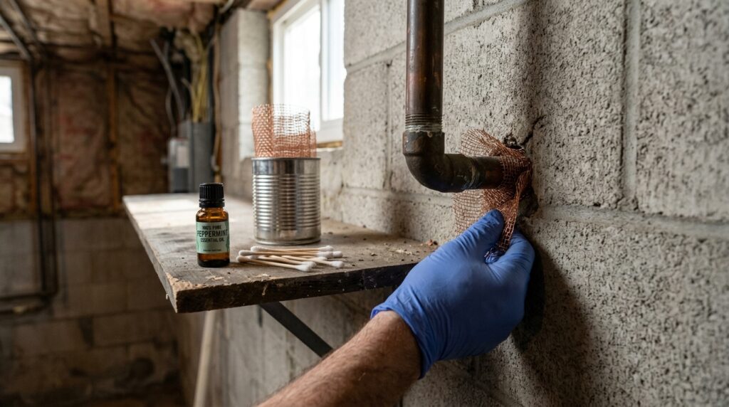 Sealing foundation pipe penetration with chew-proof pure copper wire mesh and peppermint oil