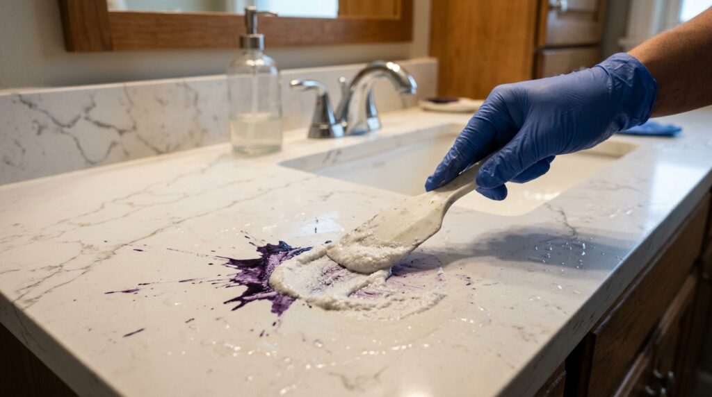 Macro photograph of white Calacatta quartz countertop with purple dye being treated with baking soda paste and plastic spatula in natural bathroom daylight