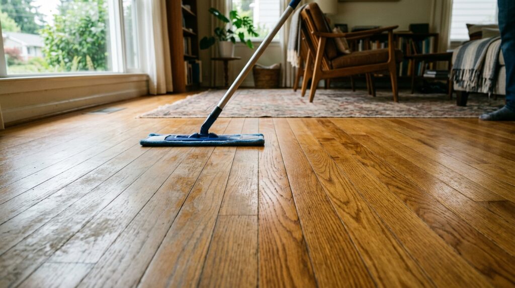 Hardwood floor restoration showing division between cloudy cleaning residue film and natural satin oak grain with flat microfiber mop