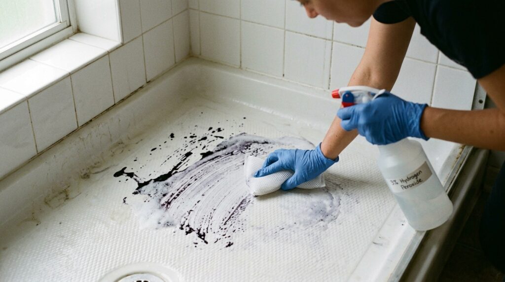 Treating dark hair dye splatter on white textured fiberglass shower floor with hydrogen peroxide wrap