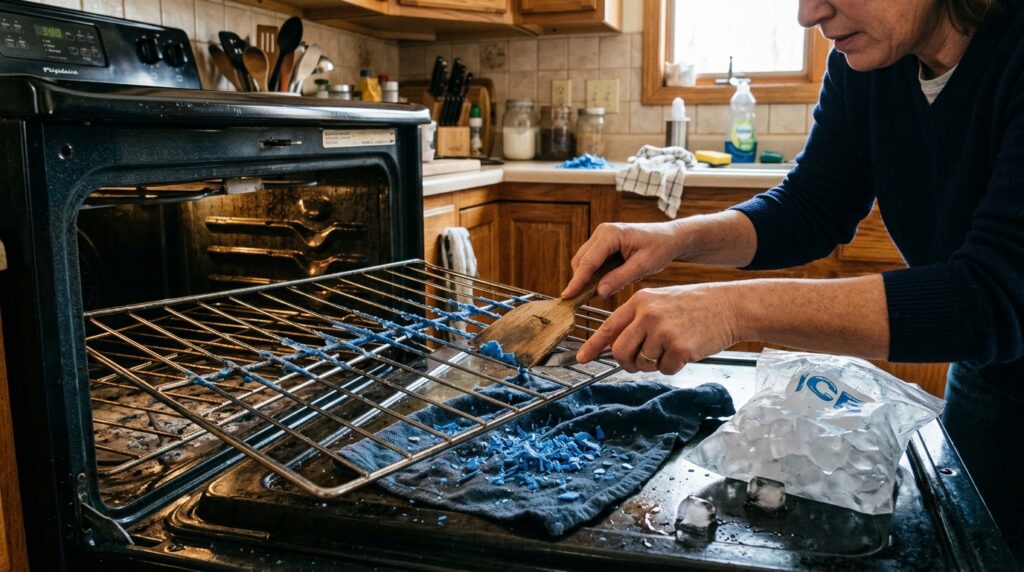Chipping chilled brittle melted plastic off stainless steel oven rack using ice compress and wooden scraper