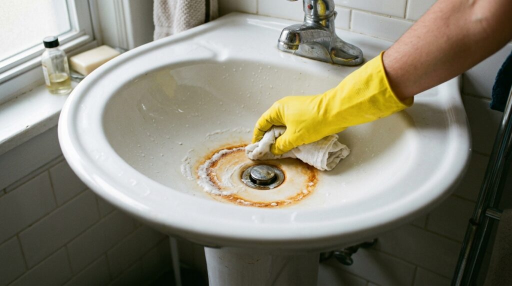 Removing stubborn iron rust ring from white porcelain pedestal sink using oxalic acid paste and microfiber cloth