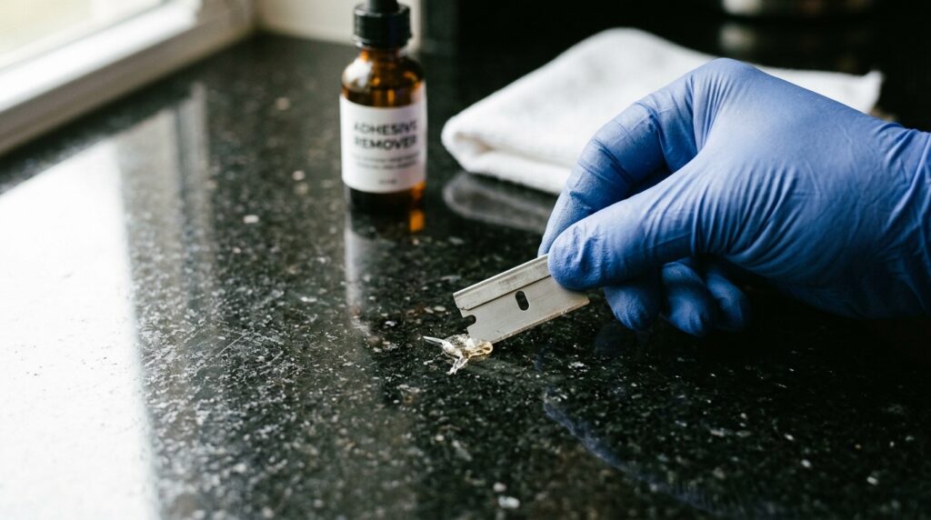 Single-edge razor blade at low angle lifting dried cyanoacrylate glue droplet from polished granite counter