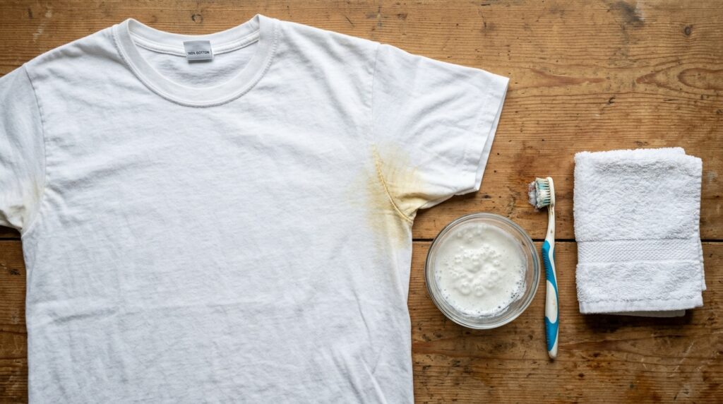 White cotton dress shirt with yellow underarm perspiration stain being treated with hydrogen peroxide paste and soft bristle brush
