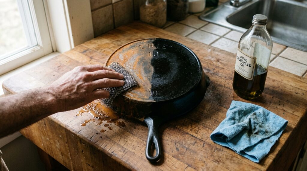 Vintage cast iron skillet on butcher block showing half rusted surface being scrubbed with chainmail and half jet black seasoned patina