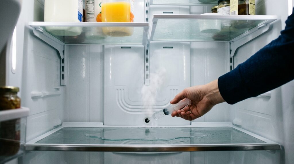 Flushing frozen evaporator defrost drain trough hole in rear panel of Samsung refrigerator with flexible hot water tubing