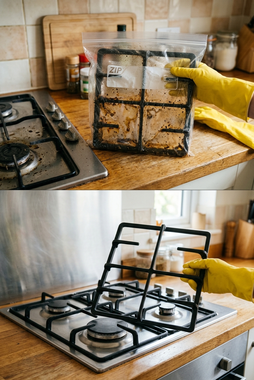 Clean burnt gas stove grates overnight with ammonia vapor zero scrubbing