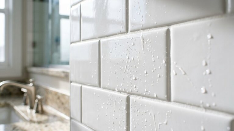 Scrubbing discolored bathroom tile grout lines with foaming hydrogen peroxide and baking soda paste using stiff grout brush