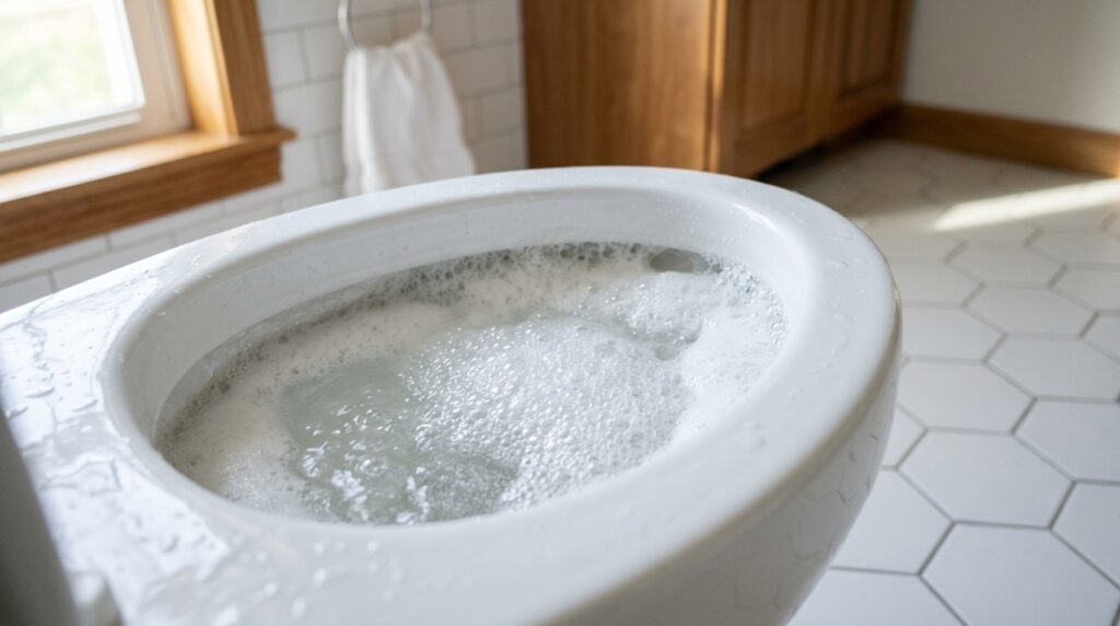 Natural effervescent mineral descaler lifting hard water rust ring in porcelain toilet bowl