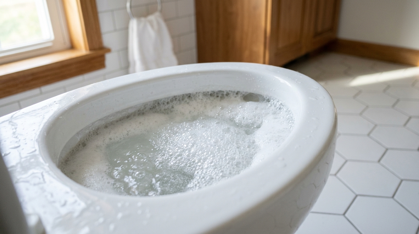 Natural effervescent mineral descaler lifting hard water rust ring in porcelain toilet bowl