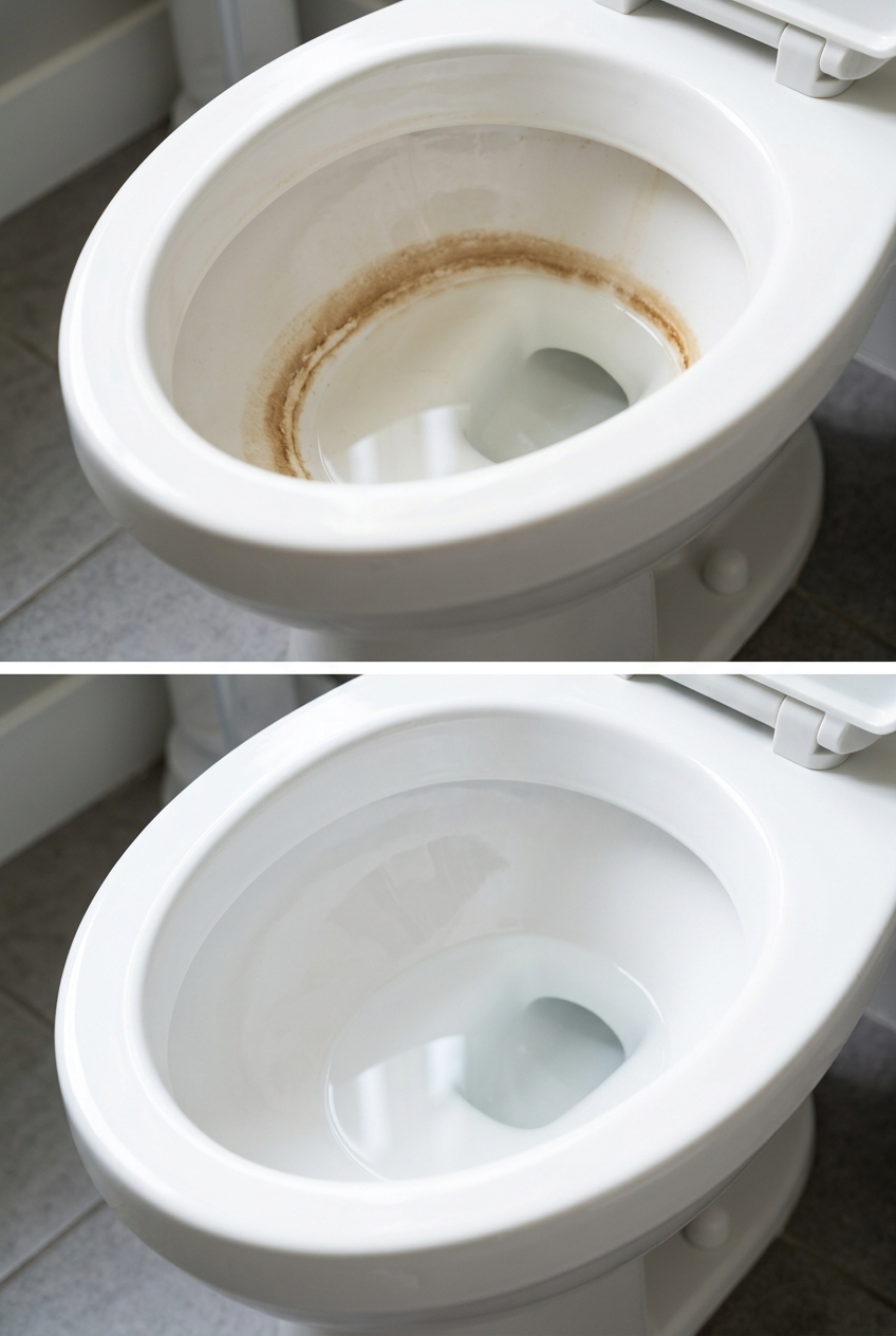 Toilet bowl stubborn mineral ring removal before and after natural treatment