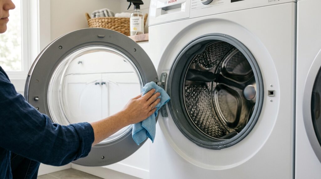 Wiping front-load washer door gasket bellows clean with natural citric acid solution