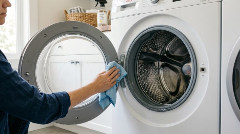 Wiping front-load washer door gasket bellows clean with natural citric acid solution
