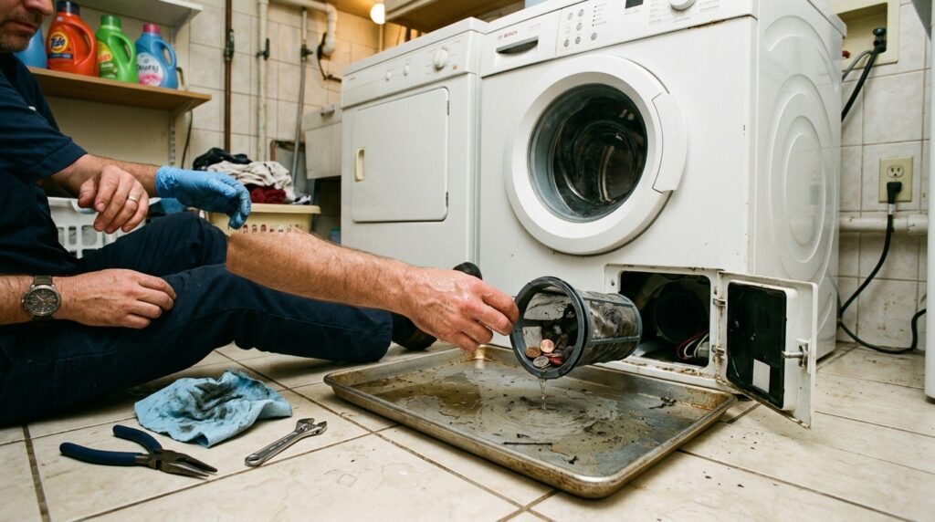 Real laundry room setting with front-load washing machine bottom access door open and cylindrical coin trap filter dripping into a metal drain pan