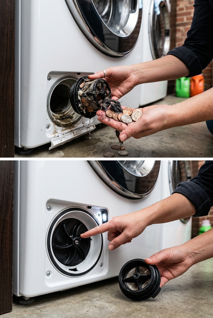 How to fix front-load washer OE error code and clear drain pump debris coin trap